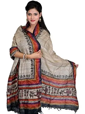 Feather-Gray Dupatta with Printed Figures Inspired by Warli Art