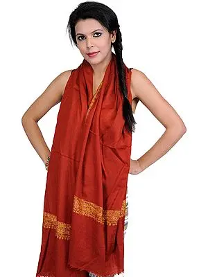 Tango-Red Plain Stole from Kashmir with Hand Embroidered Flowers on Border