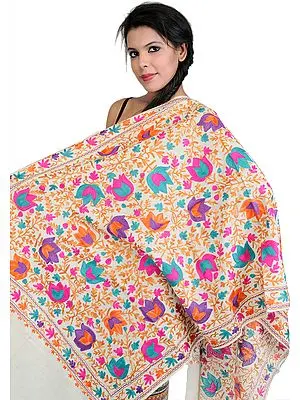 Stole from Amritsar with Aari Embroidered Flowers in Multi-Color