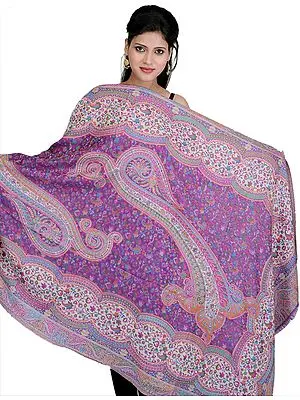 Sunset-Purple Kani Shawl with Woven Paisleys and Flowers in Multi-Color Thread