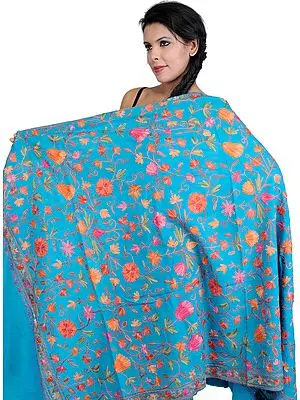 Cendre-Blue Shawl from Kashmir with Aari Embroidered Flowers by Hand