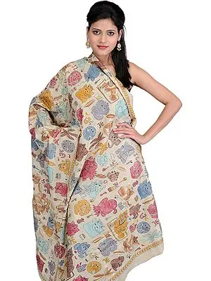 Many Facets of Ganesha - Kantha Hand-Embroidered Dupatta from Bengal