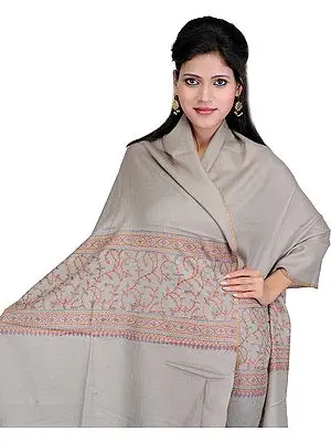 Neutral-Gray Pashmina Stole from Kashmir with Sozni Hand Embroidery on Border