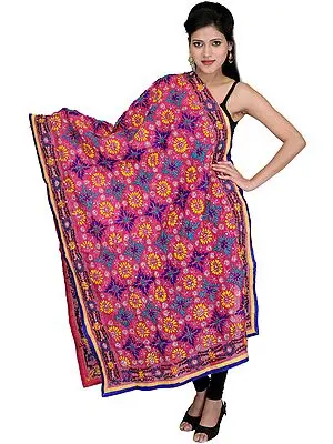Fuchsia-Rose Phulkari Dupatta from Punjab with Aari Embroidered Flowers