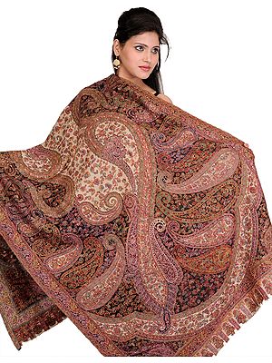 Beige and Black Fine Wool Kani Shawl with Kalamkari Needle Embroidery by Hand