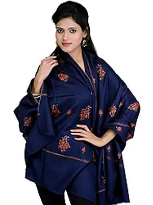 Tusha Shawl from Kashmir with with Sozni Embroidered Maple Leaves
