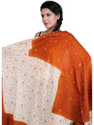 Ivory and Rust Shawl from Amritsar with Needle Stitch Embroidered Flowers