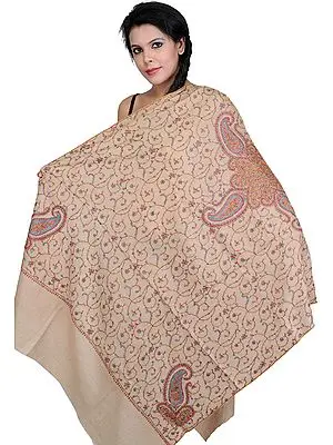Oyster-Gray Shawl from Kashmir with Sozni Embroidered Paisleys by Hand