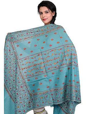 Dusty-Turquoise Pashmina Shawl from Kashmir with Sozni Embroidery by Hand