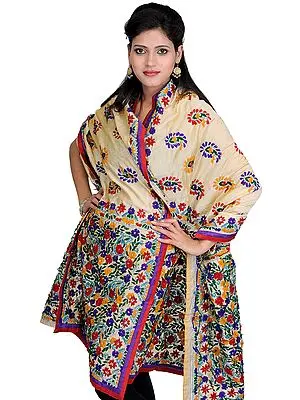 Beige Phulkari Dupatta from Punjab with Aari Embroidered Flowers by Hand