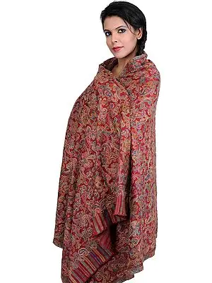Garnet-Red Fine Wool Kani Shawl with Kalamkari Needle Embrodiery by Hand