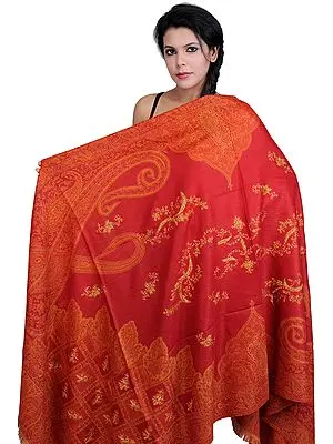 Crimson-Red Shawl from Amritsar with Needle Stitch Embroidery