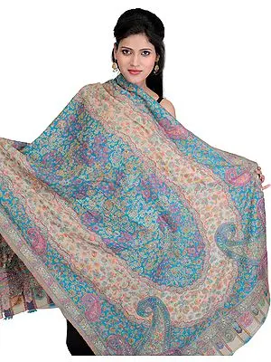 Beige and Turquoise Fine Wool Kani Shawl with Kalamkari Needle Embroidery by Hand