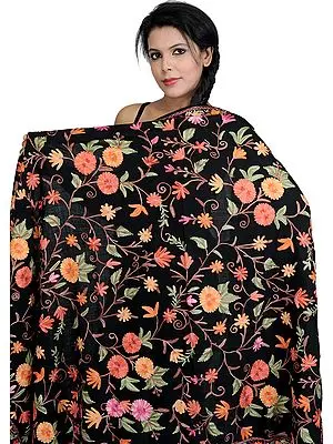 Black Shawl from Kashmir with Aari Embroidered Flowers All-Over