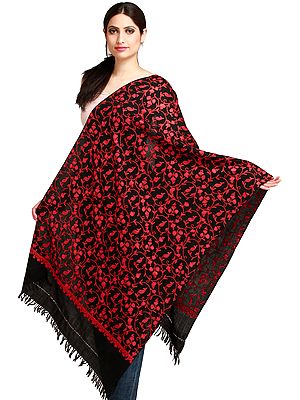 Woolen Stole from Kashmir with Aari Embroidered Paisley Jaal by Hand