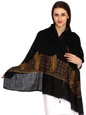 Caviar-Black Kashmiri Stole with Sozni Hand-Embroidery on Border