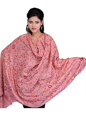 Strawberry-Pink Fine-Wool Kani Shawl with Woven Paisleys and Flowers