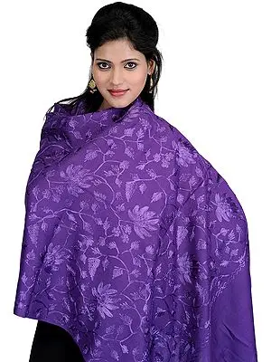 Prism-Violet Stole from Amritsar with Embroidered Flowers in Self-Colored Thread