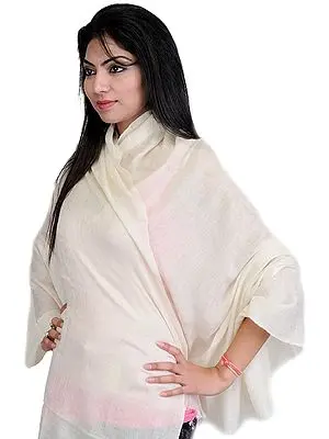 Cream Plain Pashmina Shawl with Self Weave, as an Imitation of Shahtush