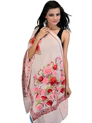 Peach Stole from Kashmir with Aari Embroidered Flowers