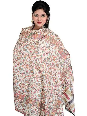 Ivory Kani Shawl with Kalamkari Needle Embrodiery by Hand