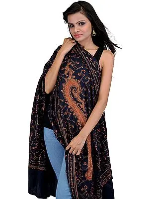 Navy-Blue Shawl from Kashmir with Sozni Giant Embroidered Paisleys