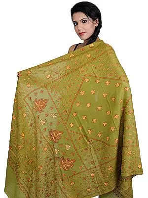 Olive-Green Tusha Shawl from Kashmir with Sozni Embroidered Maple Leaves by Hand