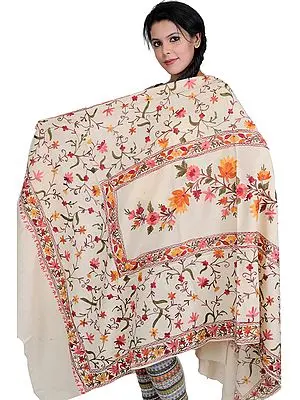 Ivory Shawl from Kashmir with Aari Embroidered Flowers All-Over