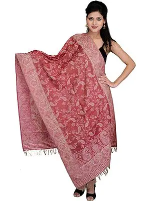 Slate-Rose Reversible Jamawar Stole with Woven Paisleys and Flowers