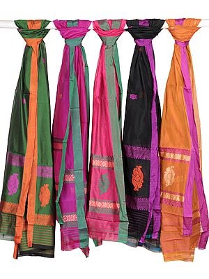 Lot of Five Chanderi Dupattas with Woven Bootis