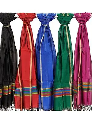 Lot of Five Plain Chanderi Dupattas with Golden Border
