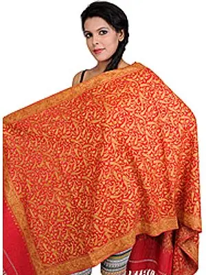 Jamdani Stole from Kashmir with Hand Embroidered Paisleys All-Over