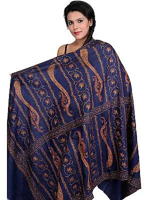 Navy-Blue Tusha Shawl from Kashmir with Sozni Giant Embroidered Paisleys