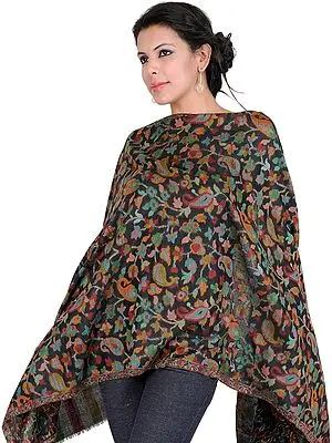 Black Kani Stole with Woven Paisley in Multi-Colored Thread