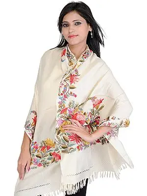 Winter-White Stole from Kashmir with Hand Embroidered Flowers on Border