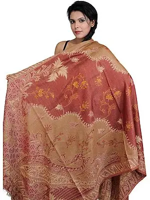 Picante and Taffy Jamawar Shawl with Woven Paisleys and Needle Embroidery