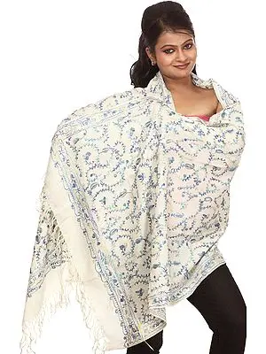 Ivory Stole from Amritsar with Aari Embroidered Paisleys