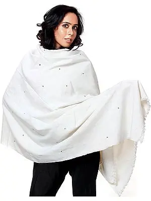 Bright-White Plain Shawl from Kutchh with Embroidered Mirrors