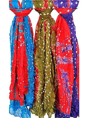 Lot of Three Bandhani Tie-Dye Dupattas from Rajasthan