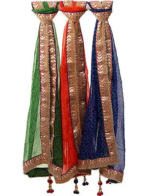 Lot of Three Tie-Dye Leheria Dupattas from Jodhpur with Gota Border