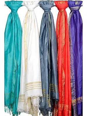 Lot of Five Plain Dupattas from Jharkhand with Woven Stripes on Border