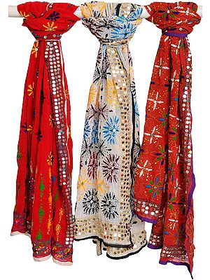 Lot of Three Phulkari Dupattas from Punjab with Threadwork and Sequins