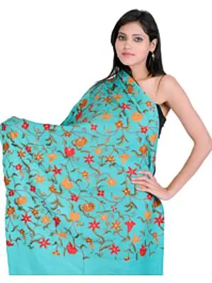 Ari Floral Stole from Kashmir with Crewel Embroidery by Hand
