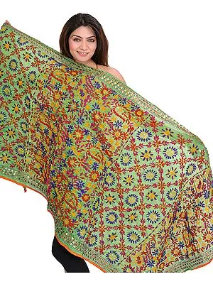 Bud-Green Phulkari Dupatta from Punjab with Aari Embroidered Flowers