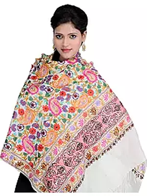 Jamawar Stole from Amritsar with Multi-Color Embroidery Over