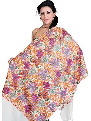 Jamawar Stole from Amritsar with Multi-Color Embroidered Chinar Leaves