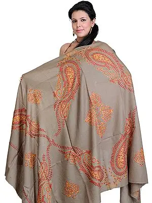 Covert-Green Tusha Shawl with Large Sozni Hand-Embroidered Paisleys