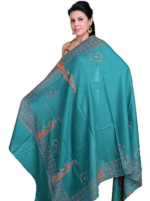 Mavi-Blue Tusha Shawl with Sozni Embroidered Paisleys on Border