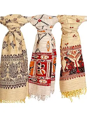 Lot of Three Cloud-Cream Shawls from Kashi Vishwanath Gali with Ikat Block Print