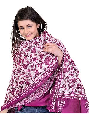 Bright-Rose Dupatta from Kolkata with Kantha Embroidery by Hand